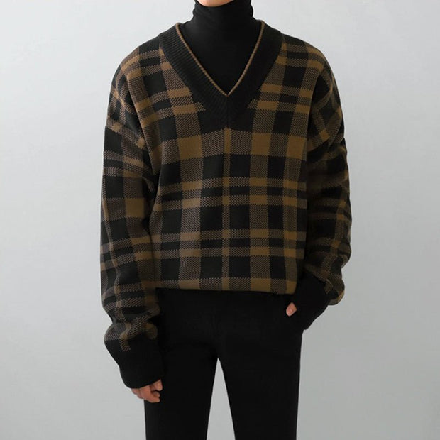 KAMI NO.7308 PLAID V-NECK SWEATER - STREETS OF KAMI