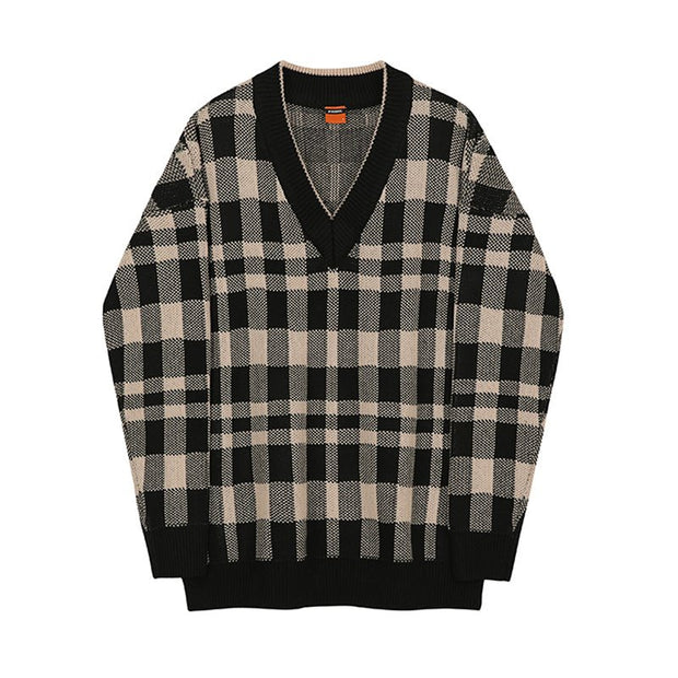 KAMI NO.7308 PLAID V-NECK SWEATER - STREETS OF KAMI